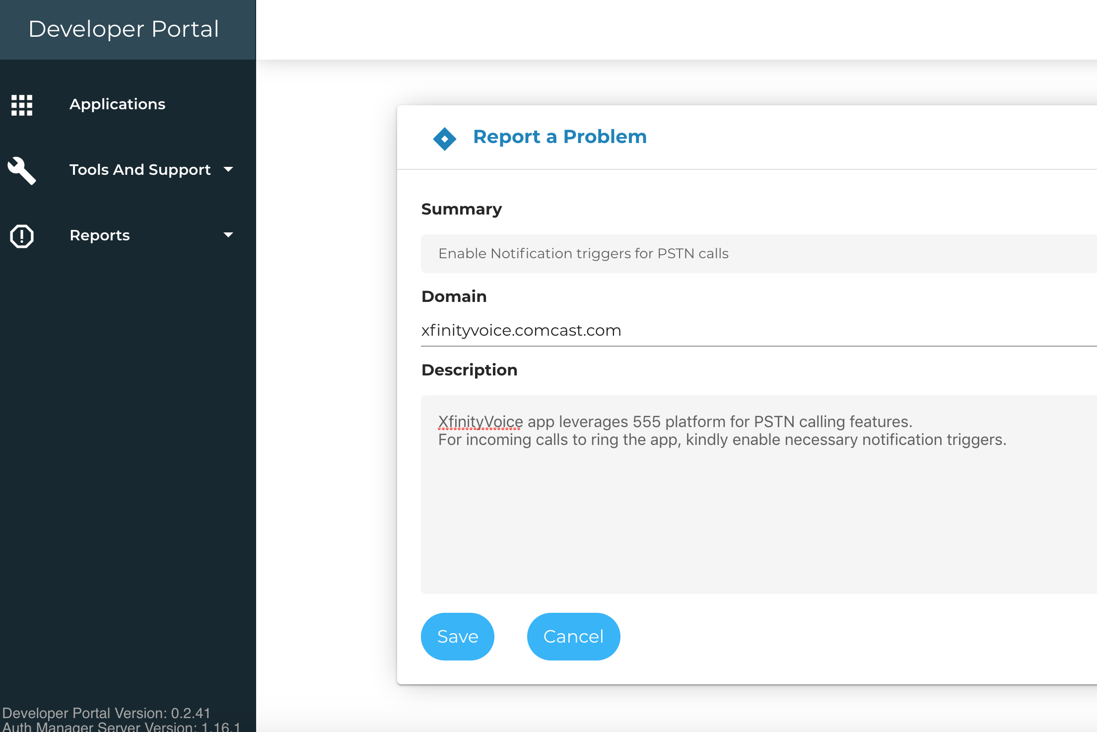 555 Developer portal - Report a Problem Screenshot